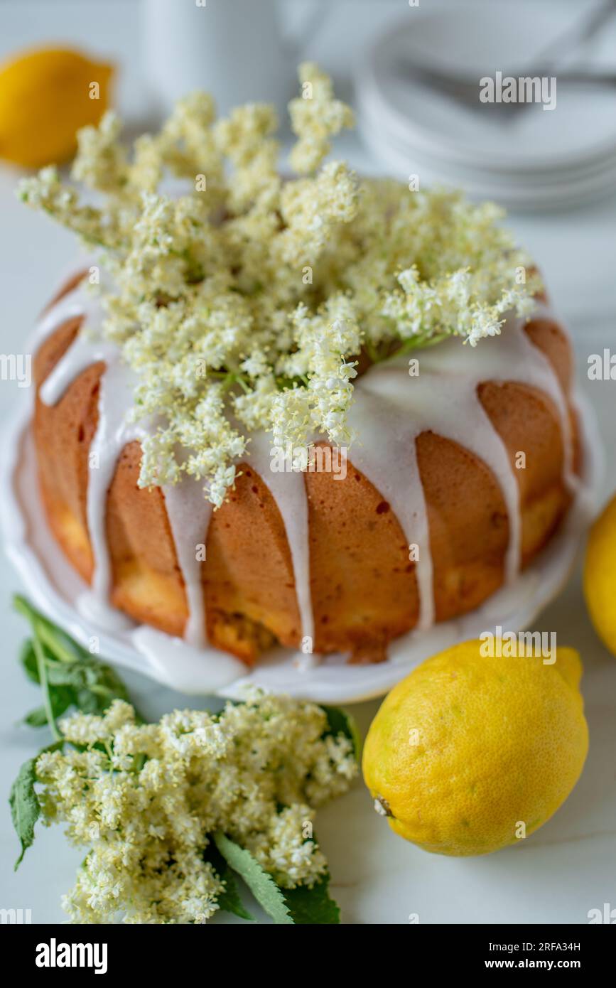 dolce torta fatta in casa con fiori di sambuco Foto Stock