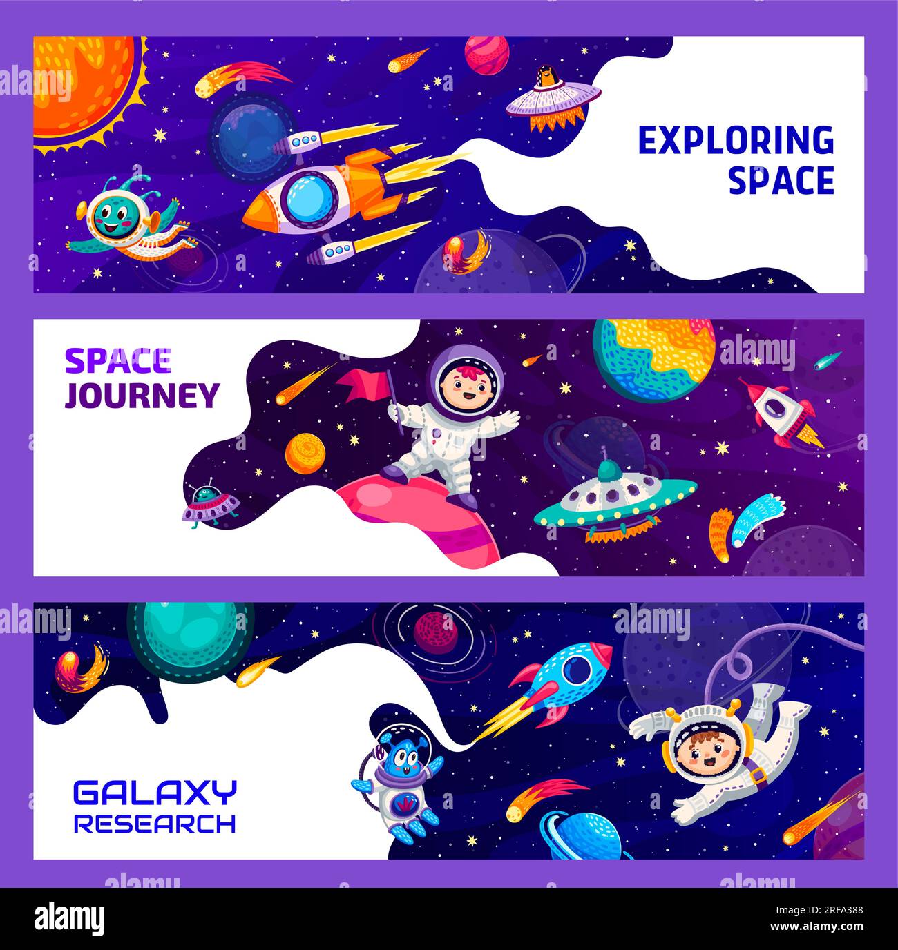 Ragazzi astronauti nello spazio. Alieni, UFO e pianeti spaziali galassici. Esplorazione COSMOS, banner vettoriali di viaggio galattici con simpatici personaggi astronauti e alieni che volano, astronavi nello spazio Illustrazione Vettoriale