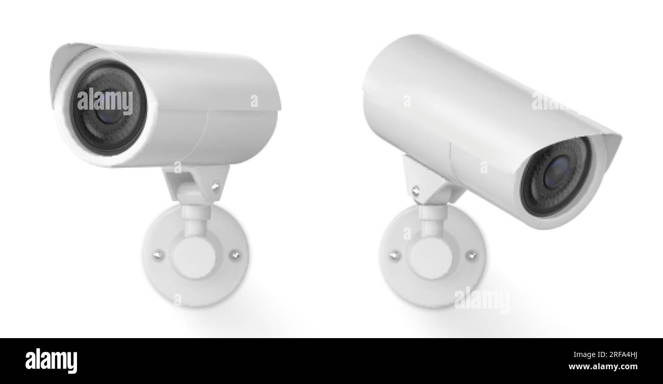 telecamera spia di sicurezza bianca vector 3d. Sistema CCTV illustrazione dell'apparecchiatura per guardare e registrare nascosti sulla parete della costruzione della strada. Realistico Illustrazione Vettoriale