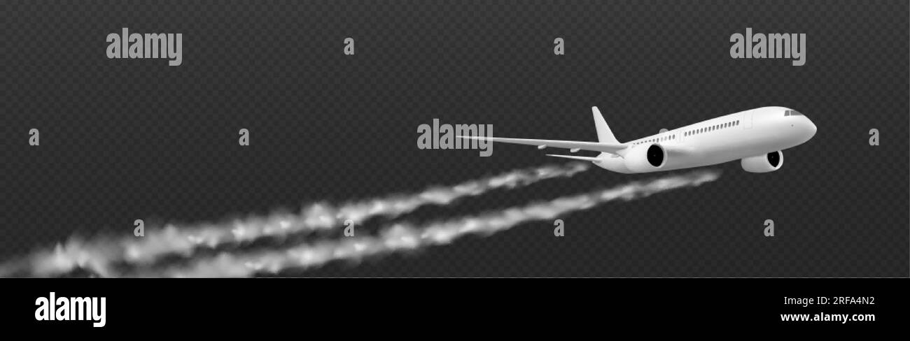 Traccia di condensazione del piano bianco con vettore nuvola di fumo isolato su sfondo trasparente. Effetto vapore sulla linea della velocità di volo del velivolo. coda aeronautica 3d. Illustrazione Vettoriale