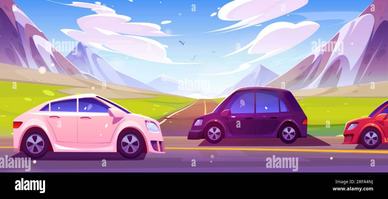 Autostrada con auto contro paesaggio montano. Illustrazione di cartoni animati vettoriali di auto in asfalto sul fondo di alte rocce, valle verde, uccelli fl Illustrazione Vettoriale