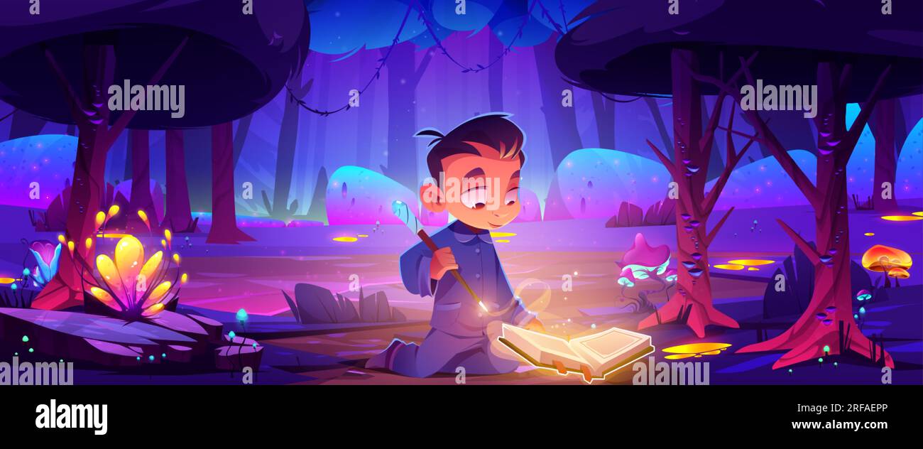 Bambino con libro magico e bacchetta nella foresta di fantasia di notte illustrazione. Fiaba con personaggio mago ragazzo imparare maghi e wonder cartoon v Illustrazione Vettoriale