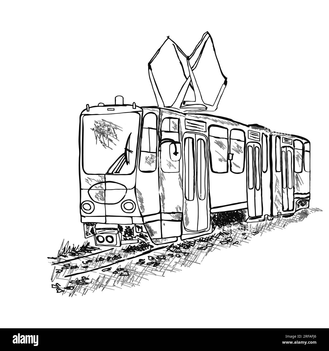 Tram su sfondo bianco. Trasporti pubblici. Disegno a mano di un tram retrò.carrello cittadino o tram.elemento di design di un filobus urbano.illustrazione vettoriale Illustrazione Vettoriale
