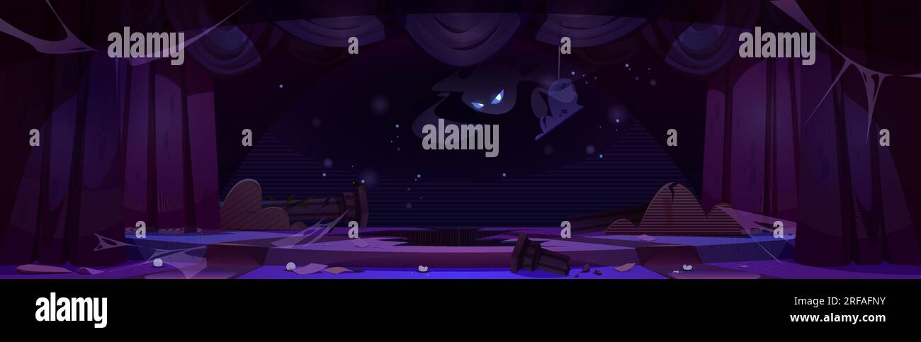 Palcoscenico abbandonato con spettrali fantasmi e tende polverose. Illustrazione di cartoni animati vettoriali di vecchi interni della sala da concerto, decorazioni rotte, ragnatela Illustrazione Vettoriale