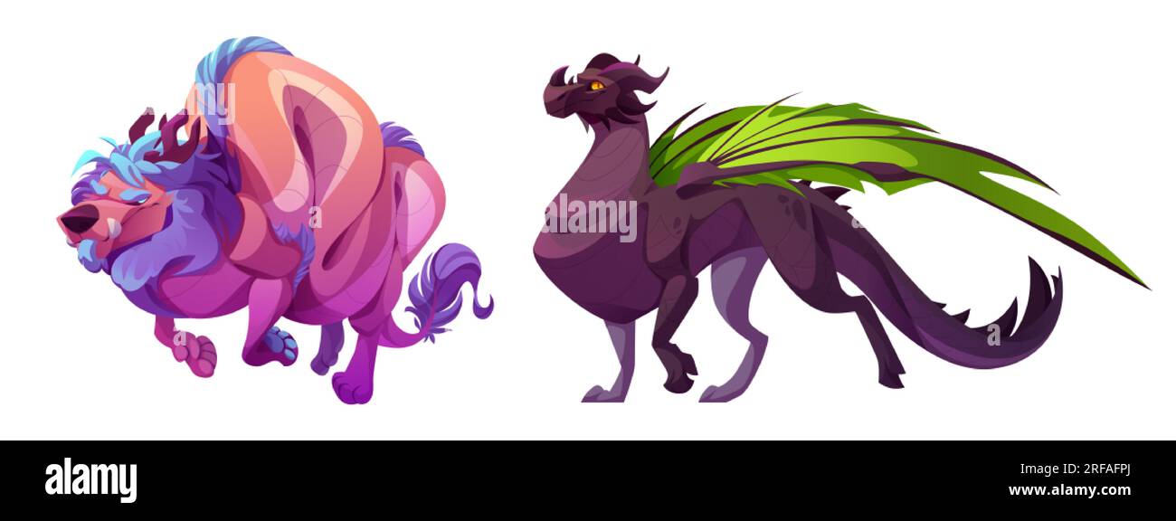 Set di draghi magici fantasy per l'illustrazione dei cartoni animati dei giochi da favola. Elemento clipart isolato del personaggio del mostro mosca con ali in marrone, verde e rosa. A Illustrazione Vettoriale