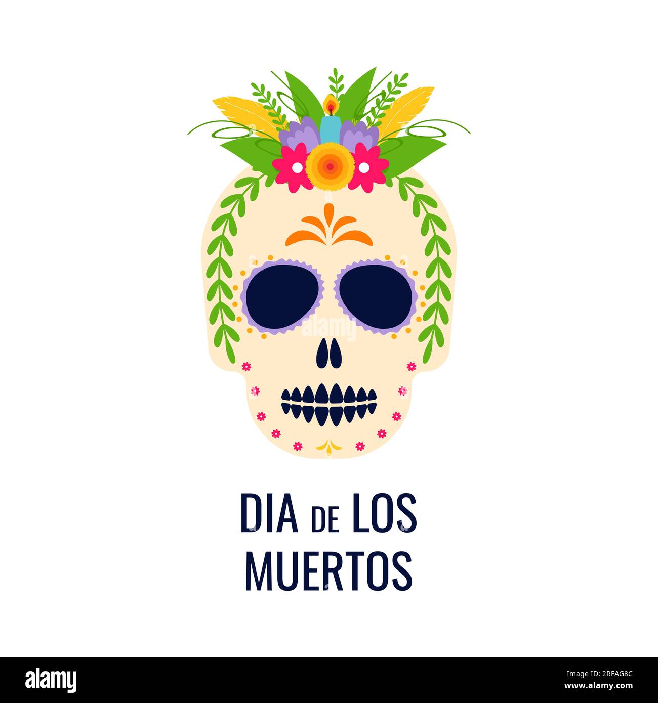 Dia de los muertos. Il giorno dei morti. Festa della tradizione messicana, festival. Teschio con corona di fiori. Banner, volantino e scheda. Illustrazione piatta. Illustrazione Vettoriale