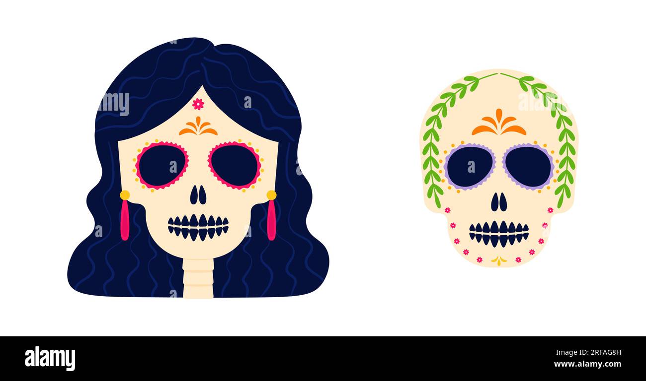 Dia de los muertos. Il giorno dei morti. Festa della tradizione messicana, festival. Teschio donna e uomo con corona di fiori. Poster, striscioni e cartoline. Illustrazione piatta. Illustrazione Vettoriale