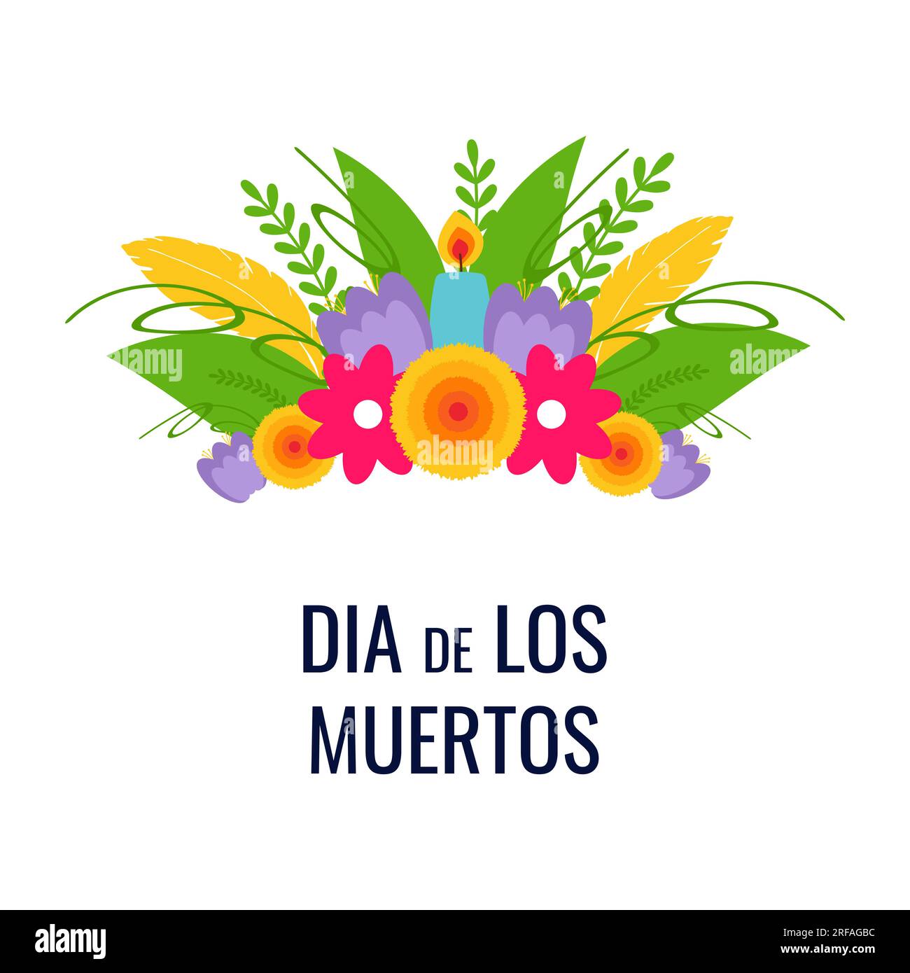 Dia de los muertos. Il giorno dei morti. Festa della tradizione messicana, festival. I fiori corona con candela. Banner, volantino e scheda. Illustrazione piatta. Illustrazione Vettoriale