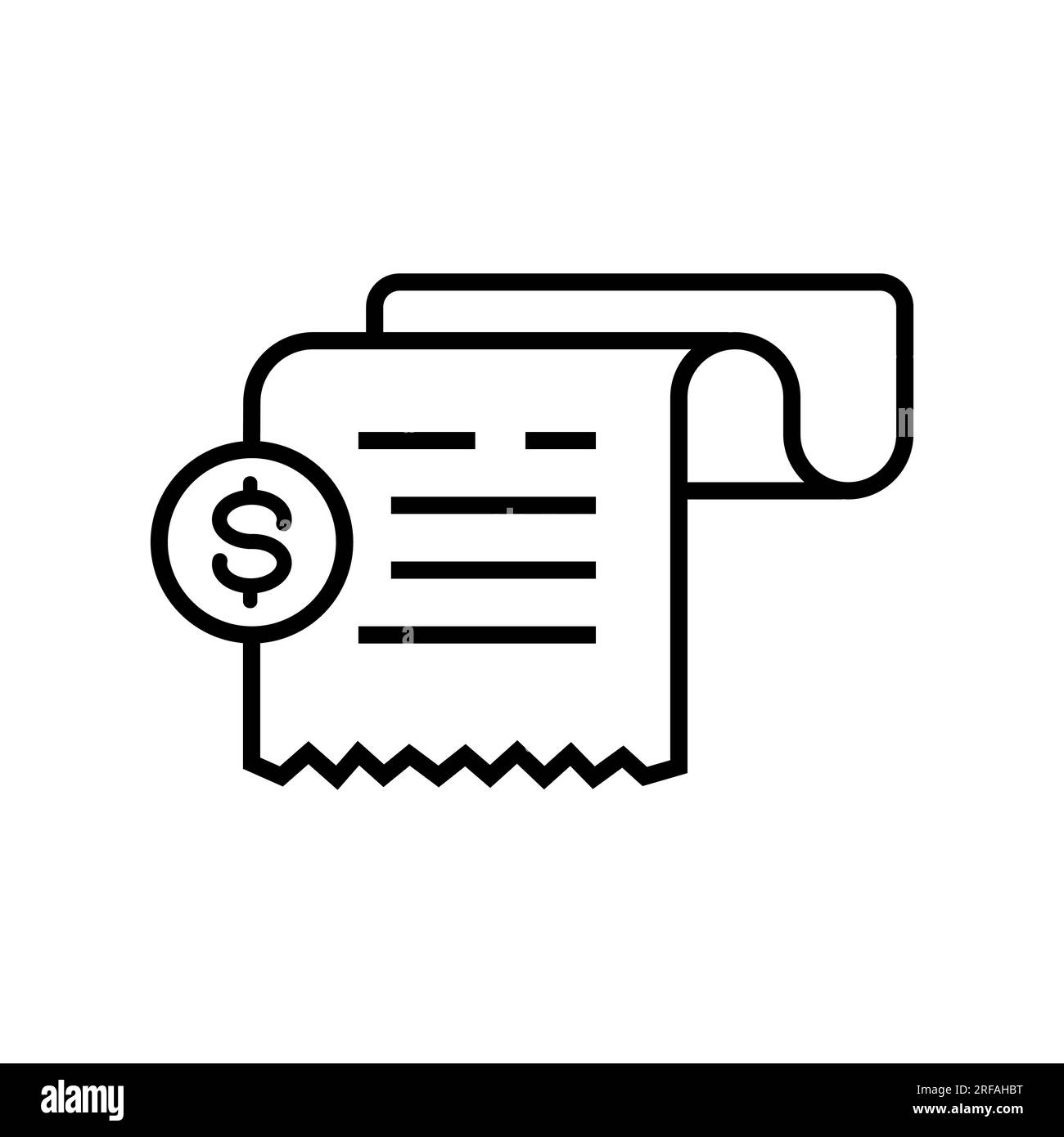 Icona ricevuta, fattura e riga fattura. Documento finanziario con simbolo di contorno del vettore in dollari. Illustrazione Vettoriale