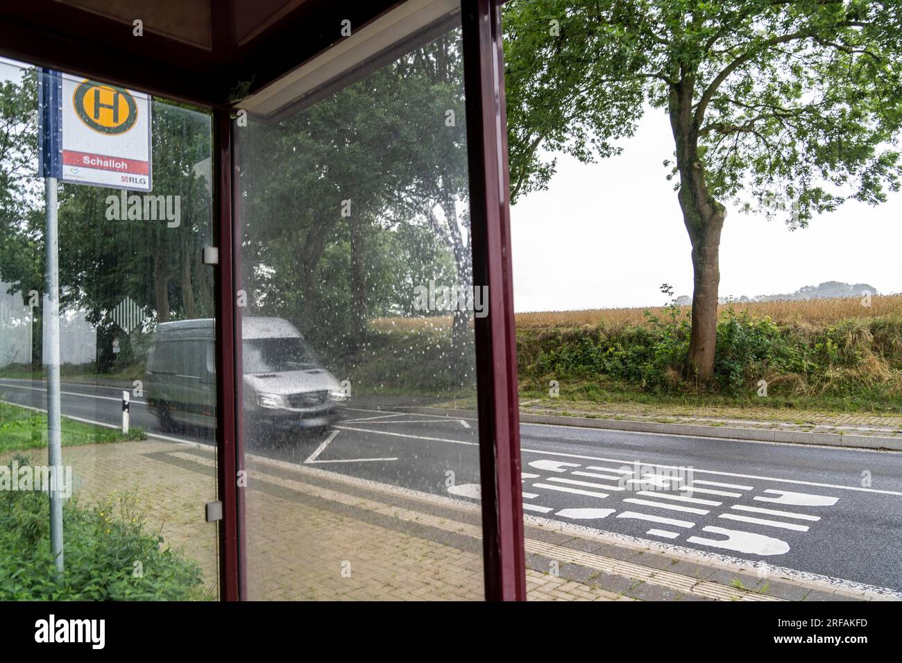 Riparo autobus, fermata Schalloh, in campagna, Sauerland, vicino a Soest-Bergede, Strada di campagna L856, linea di autobus 552, con 2 fermate al giorno, da lunedì a venerdì Foto Stock