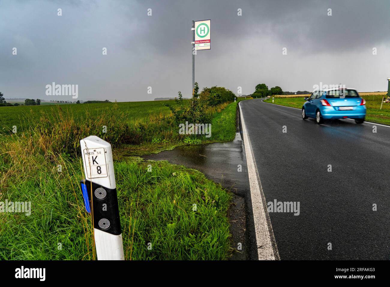 Fermata dell'autobus Abzweig Eschenpötel, in campagna, Sauerland, vicino a Warstein-Allagen, strada di campagna K28, La linea 552 dell'autobus, tra Soest e Warstein, ne ha 1 Foto Stock