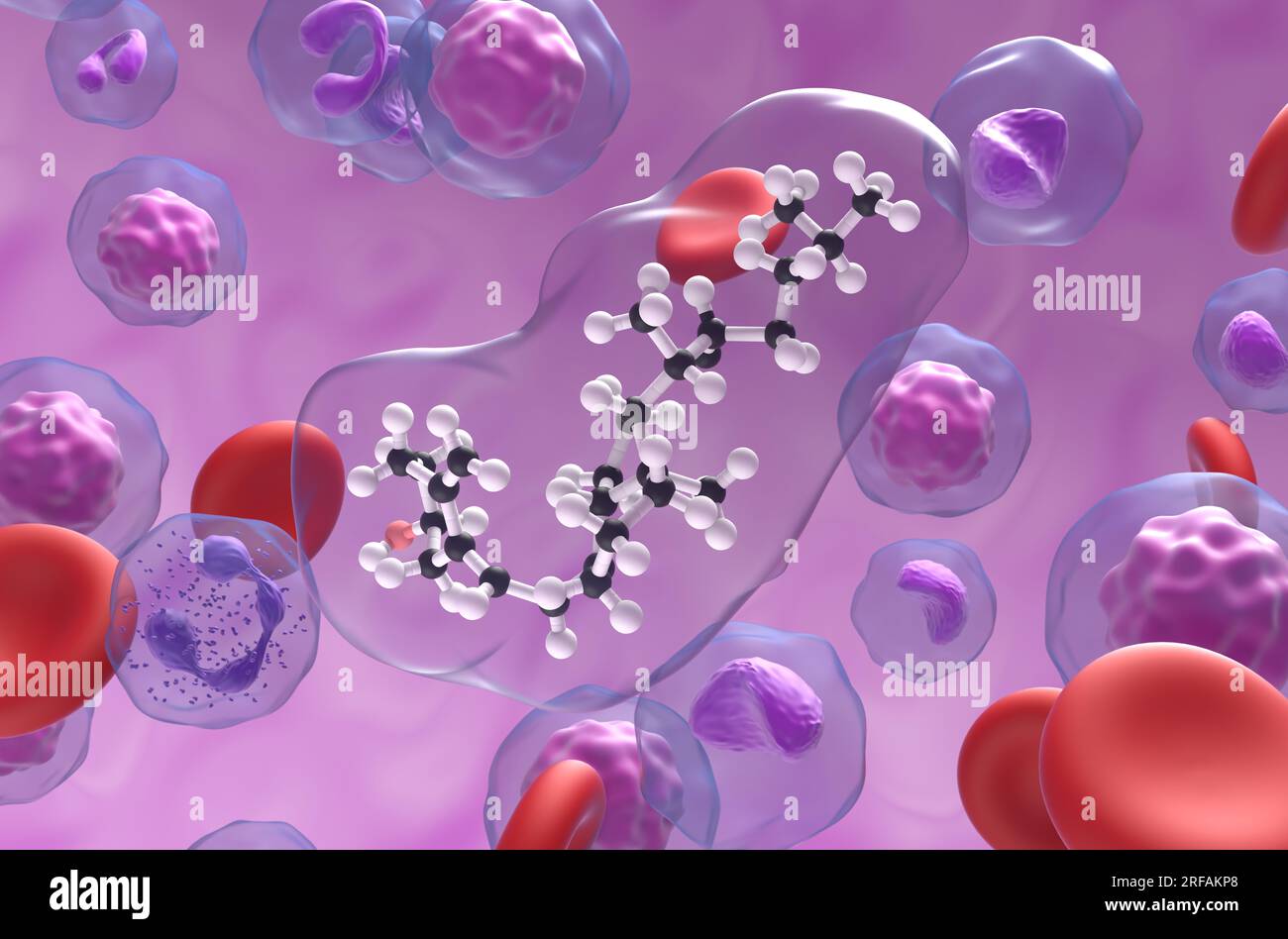 Struttura della vitamina D nel flusso sanguigno - primo piano con palla e bastone vista illustrazione 3d. Foto Stock