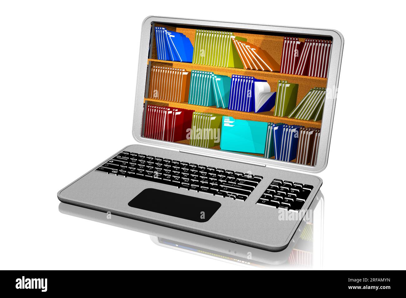 Computer con cartelle, raccoglitori, colorati per l'archiviazione dei documenti. Database. Foto Stock