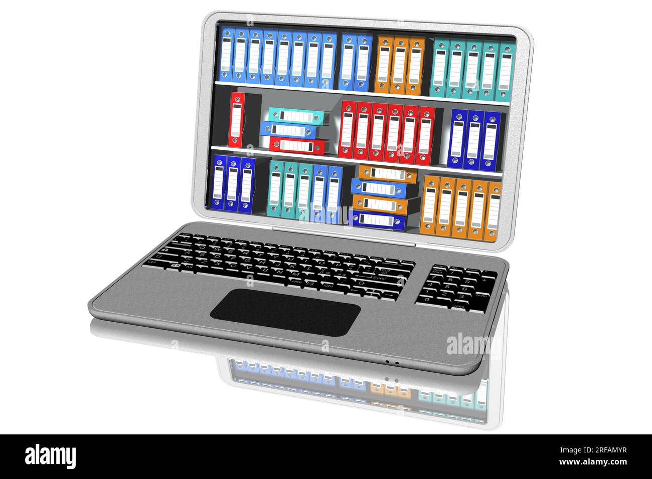 Computer con cartelle, raccoglitori, colorati per l'archiviazione dei documenti. Database. Foto Stock