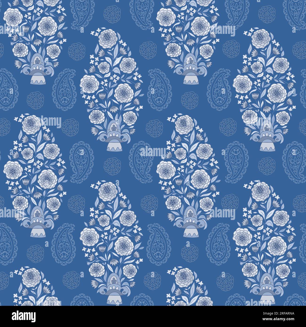 Motivo decorativo floreale Paisley su sfondo blu. Un bouquet di fiori in un vaso. Illustrazione Vettoriale