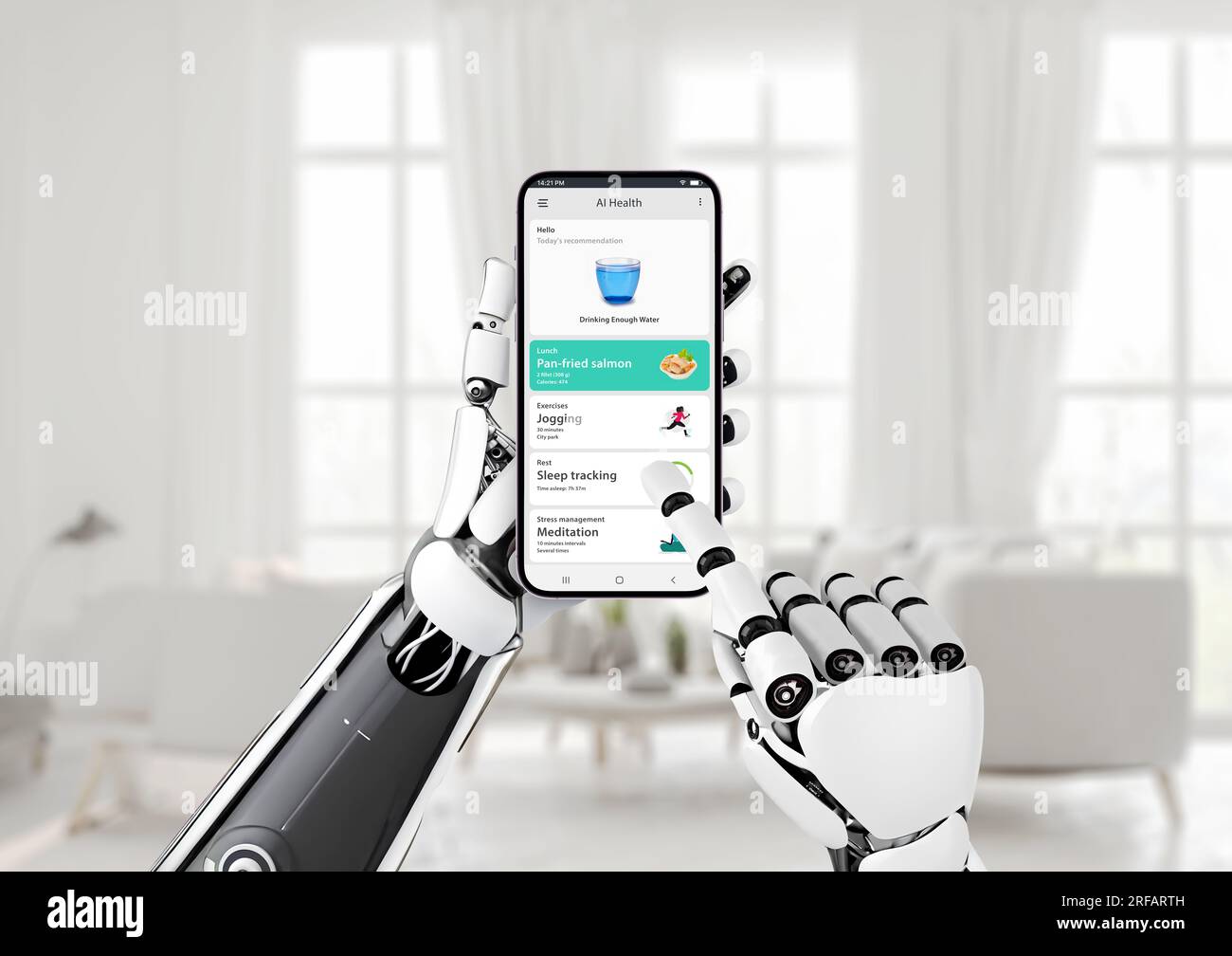 Concetto di intelligenza artificiale per la gestione della salute. La mano robotizzata tiene un telefono cellulare con un'app per la salute. L'app tiene traccia di nutrizione, esercizio fisico e altri tipi di attività Foto Stock
