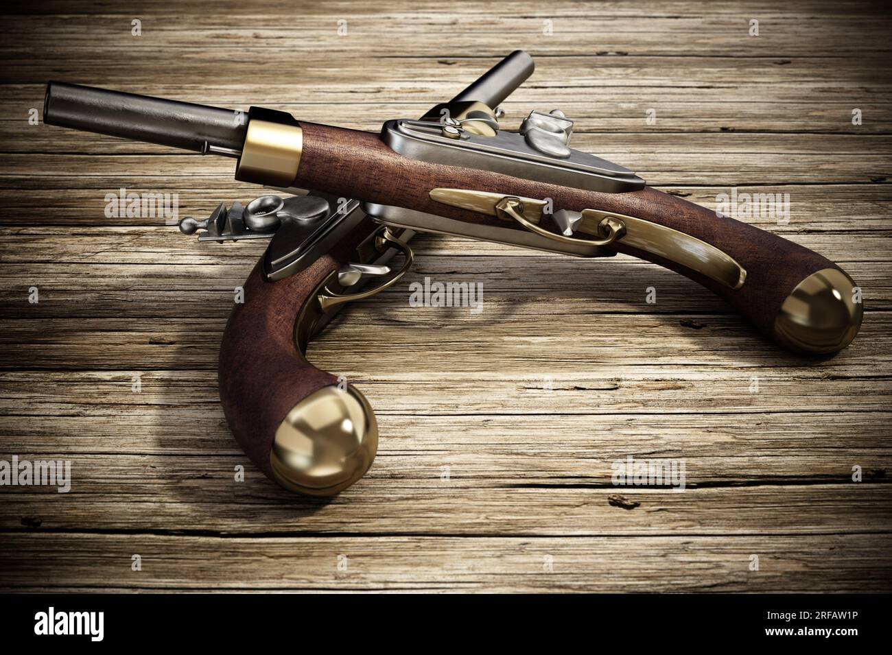 Pistole a pietra focaia incrociate su fondo in legno vecchio. Illustrazione 3D. Foto Stock