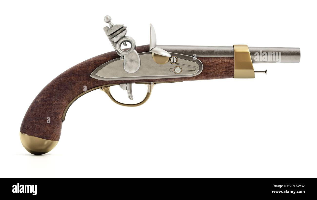 Pistola Flintlock isolata su sfondo bianco. Illustrazione 3D. Foto Stock