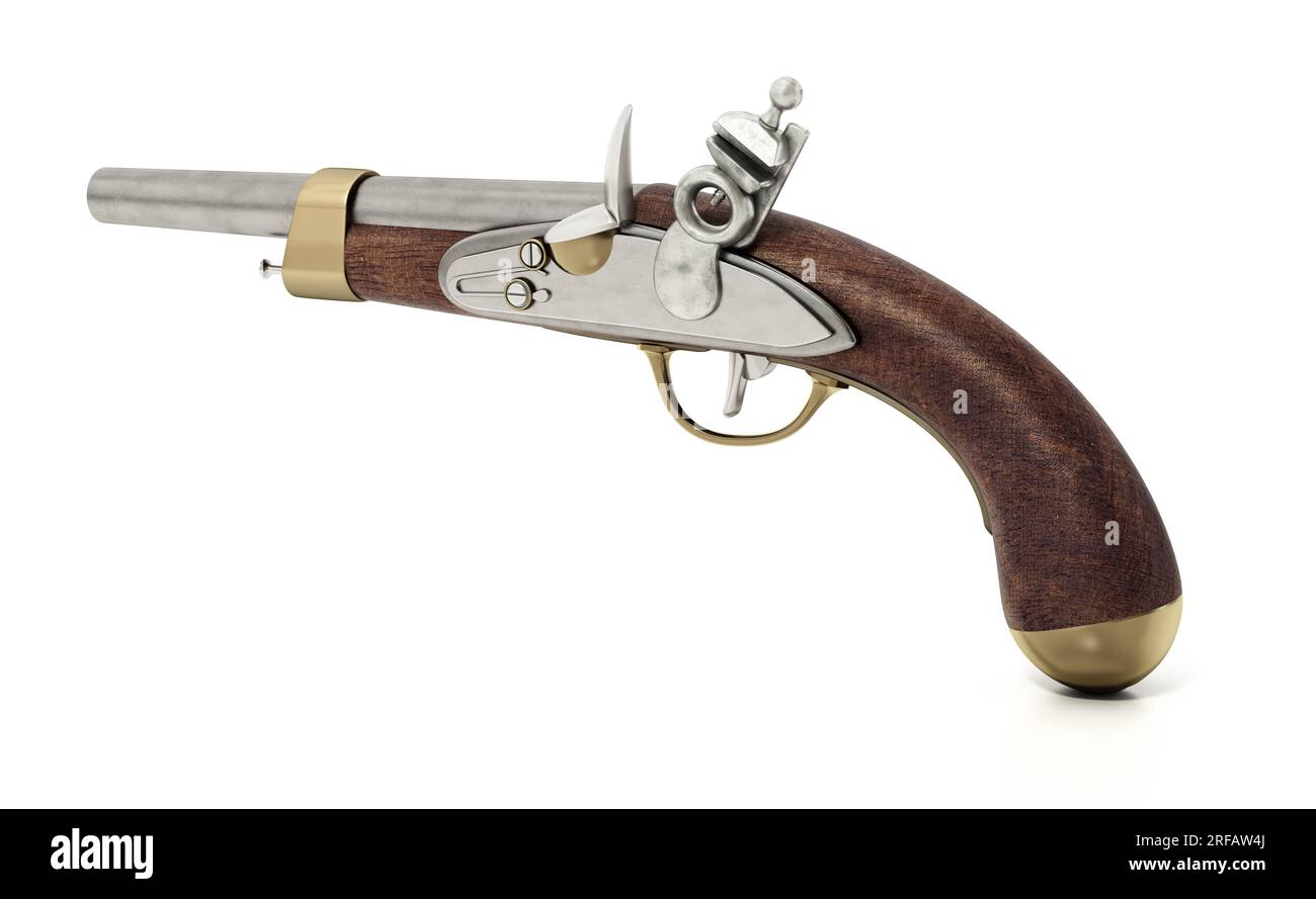 Pistola Flintlock isolata su sfondo bianco. Illustrazione 3D. Foto Stock