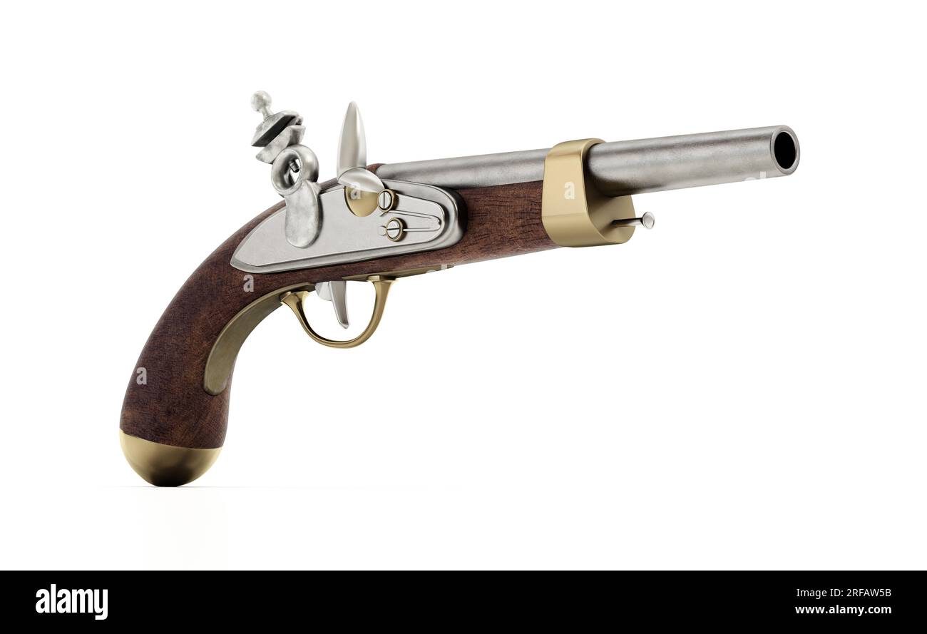 Pistola Flintlock isolata su sfondo bianco. Illustrazione 3D. Foto Stock