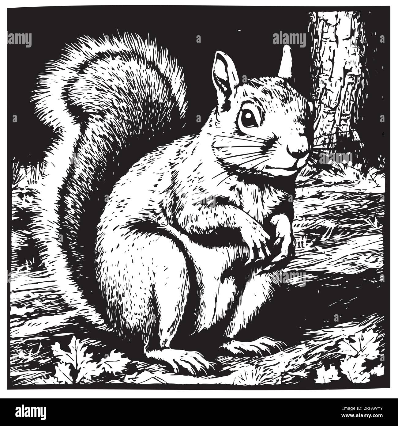 Bellissimo scoiattolo seduto nella foresta disegno a mano Vector Illustrazione Vettoriale