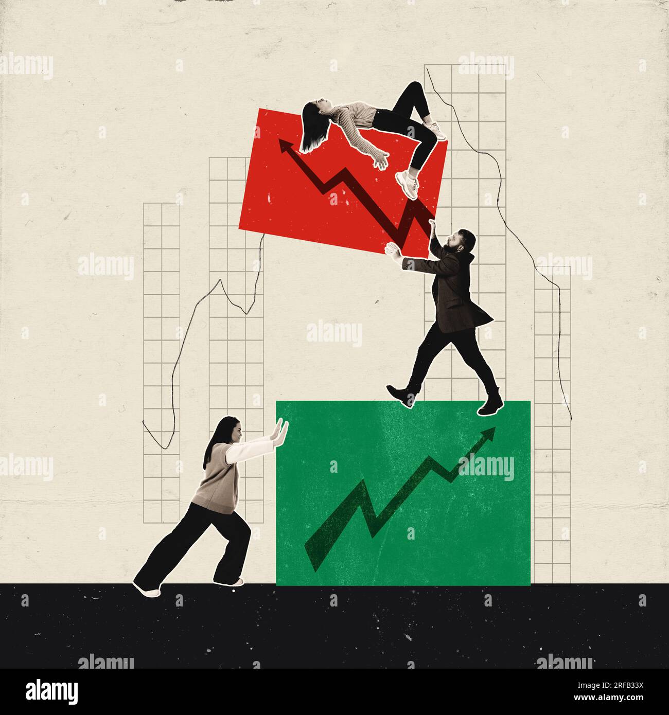 Collage d'arte contemporanea di datori di lavoro in abiti che reggono un grande grande cubo, e anothe sdraiato su un grafico. Grafica concettuale. Foto Stock