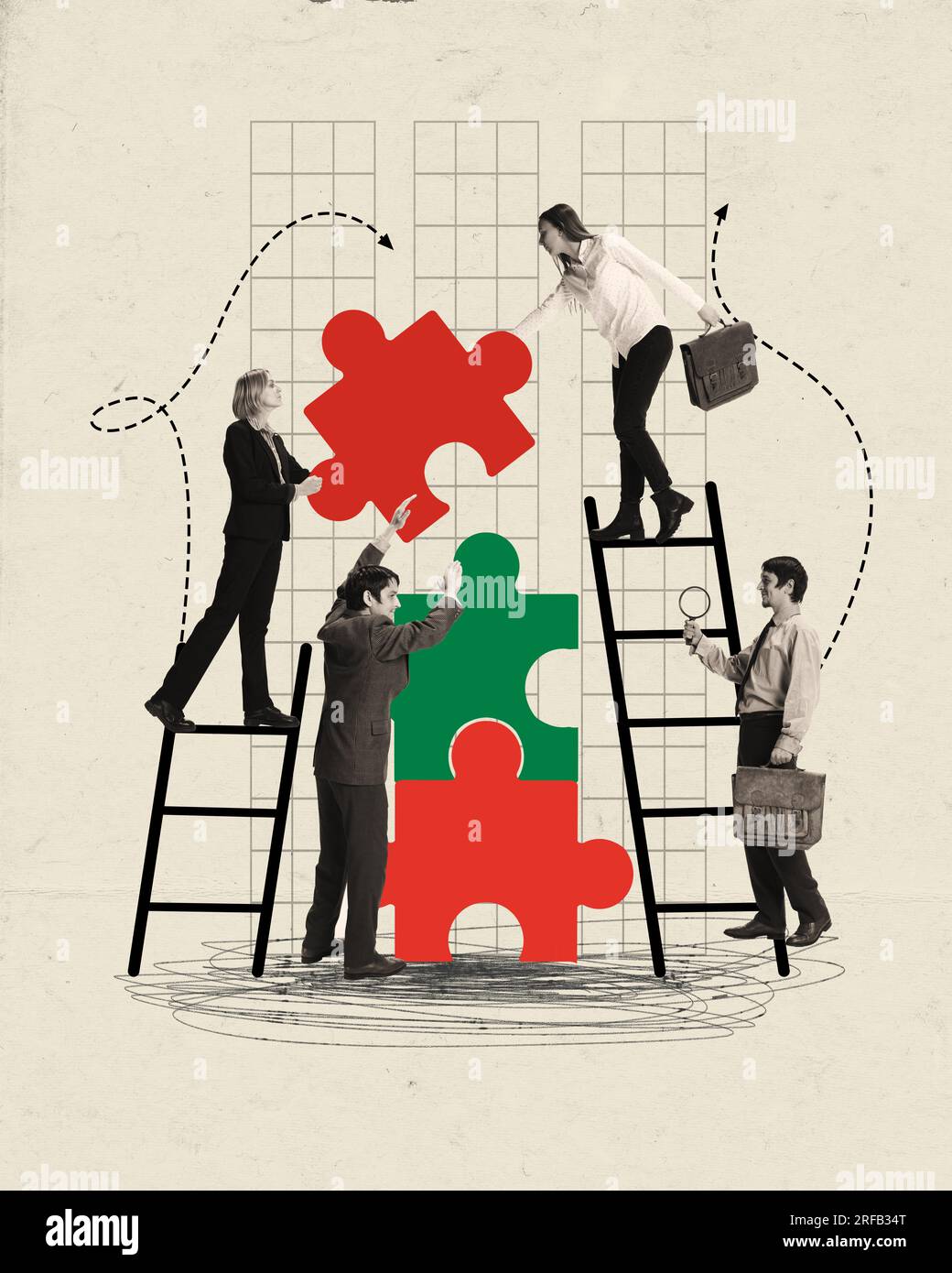 Collage d'arte contemporanea. Persone che creano rompicapo con scala, simboleggiano il lavoro di squadra. Concetto di partnership, team, carriera, motivazione, risultato, pro Foto Stock