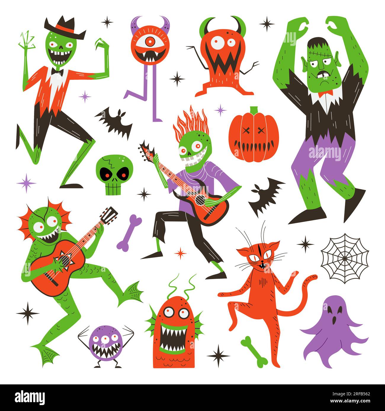 Halloween Monsters Dancing and Playing Rock Music Illustrazione Vettoriale