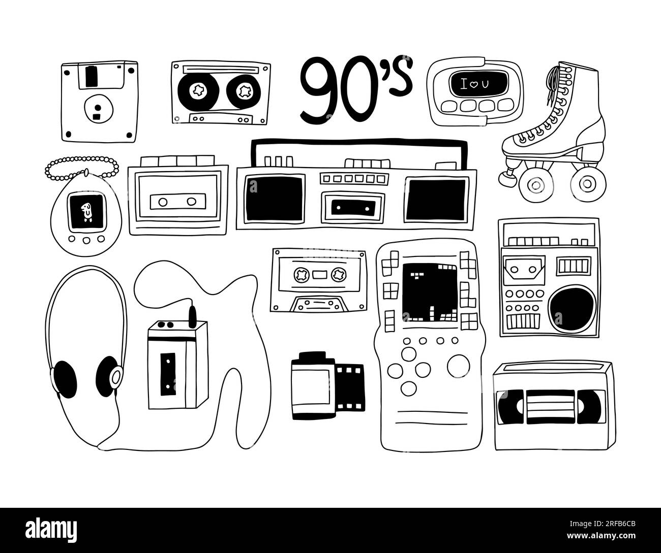 90 set di illustrazioni di oggetti retro-doodle Illustrazione Vettoriale