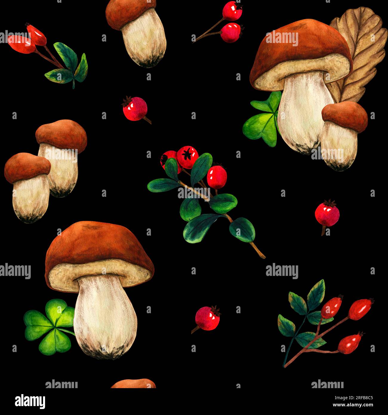 Acquerello con motivo senza cuciture funghi selvatici porcini e ramoscelli rossi. Prato nella foresta naturale. Paesaggio selvaggio. Illus eco-naturale isolato Foto Stock