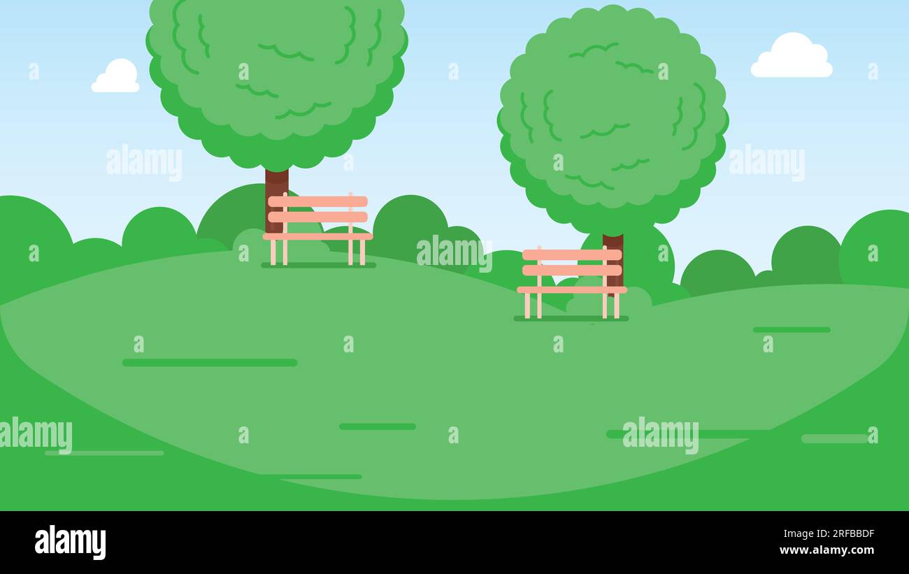 Parco verde con alberi, cespugli e panchina. prato verde vuoto, illustrazione vettoriale Illustrazione Vettoriale