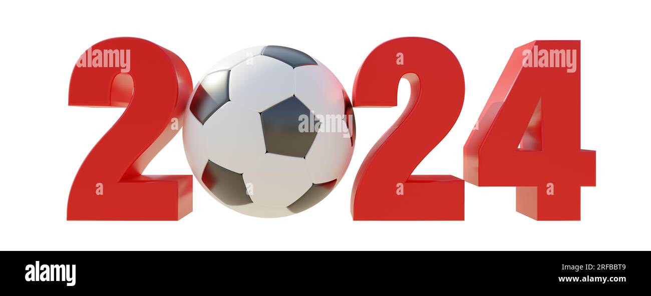 Calendario degli eventi calcistici 2024. Numero del nuovo anno con sfera isolata su sfondo bianco, rendering 3d. Foto Stock