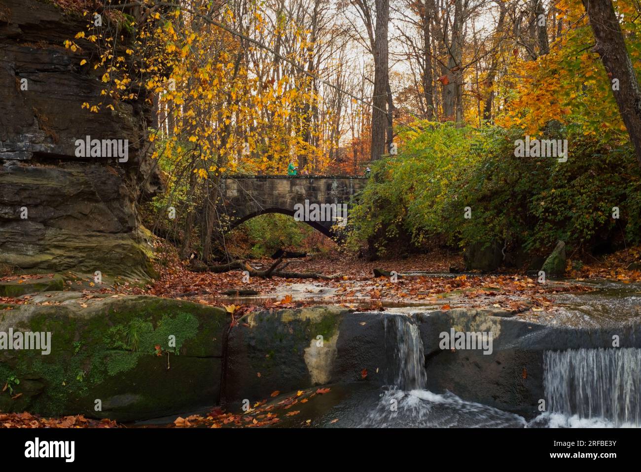 Un piccolo ponte di pietra attraversa un torrente nel fiume Rocky nel David Fortier Park a Olmsted Falls, Ohio, vicino Cleveland, tra i colori autunnali. Foto Stock