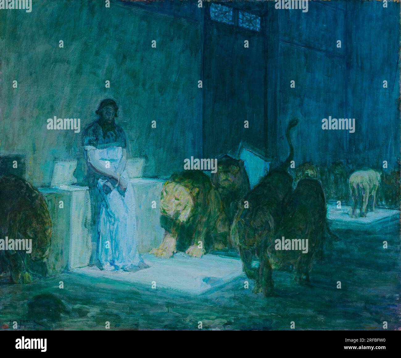 Henry Ossawa Tanner painting, Daniel in the Lions’ Den, olio su carta montato su tela, 1907-1918 Foto Stock