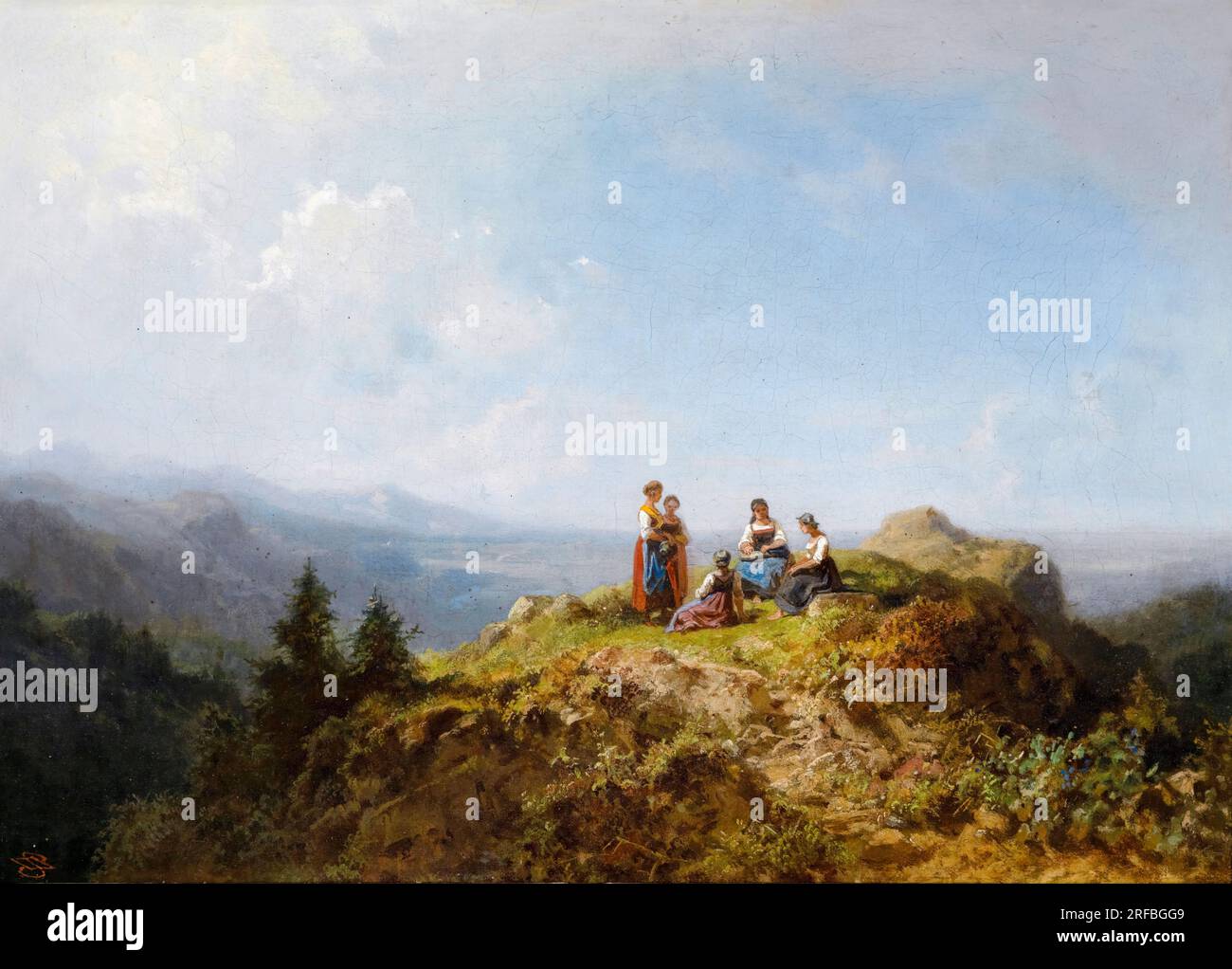 Carl Spitzweg, Dirndl on the Alm, paesaggio dipinto ad olio su tela, 1870-1879 Foto Stock