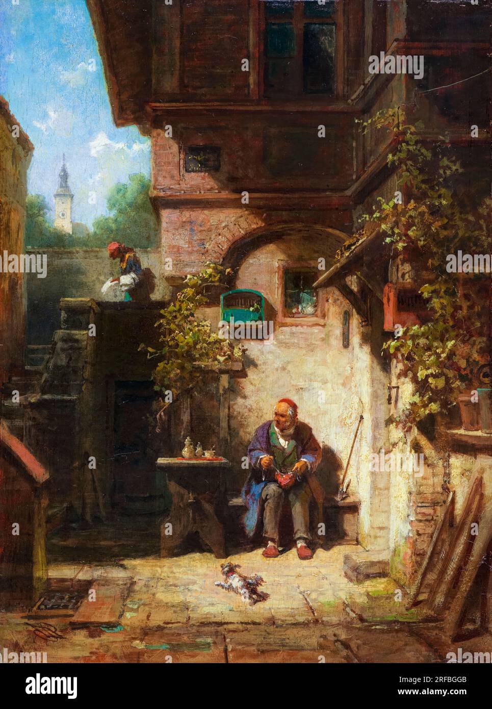 Carl Spitzweg, in attesa del giornale, dipinto ad olio su tavola, 1865-1870 Foto Stock