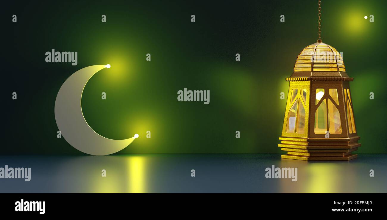 Celebrazione EID al Adha. Lanterna araba Ramadan illuminata. Lampada islamica con candela. rendering 3d. Foto Stock