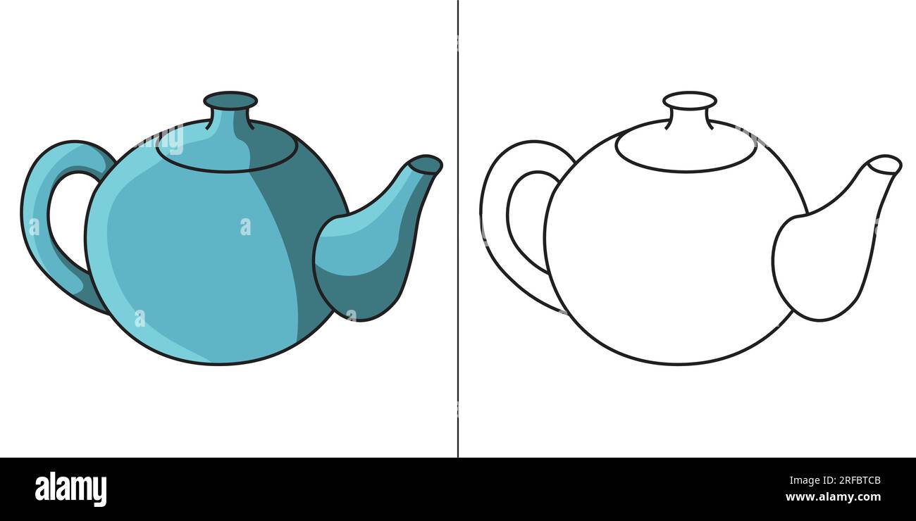 Contorno della pagina colorata della teiera e colorata nella versione. Pagina da colorare per bambini. Semplice pagina da colorare Illustrazione Vettoriale