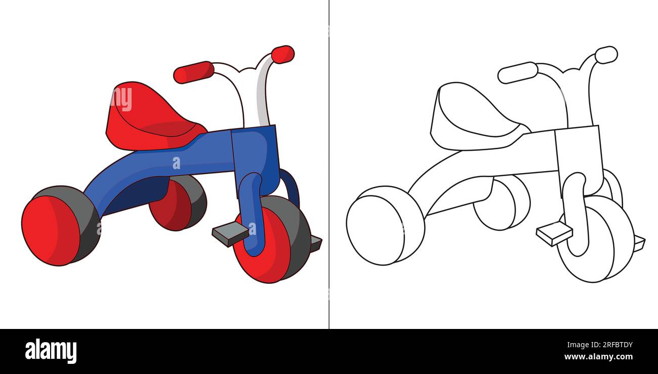 Trike colorazione del contorno della pagina e colorata nella versione. Pagina da colorare per bambini. Semplice pagina da colorare Illustrazione Vettoriale