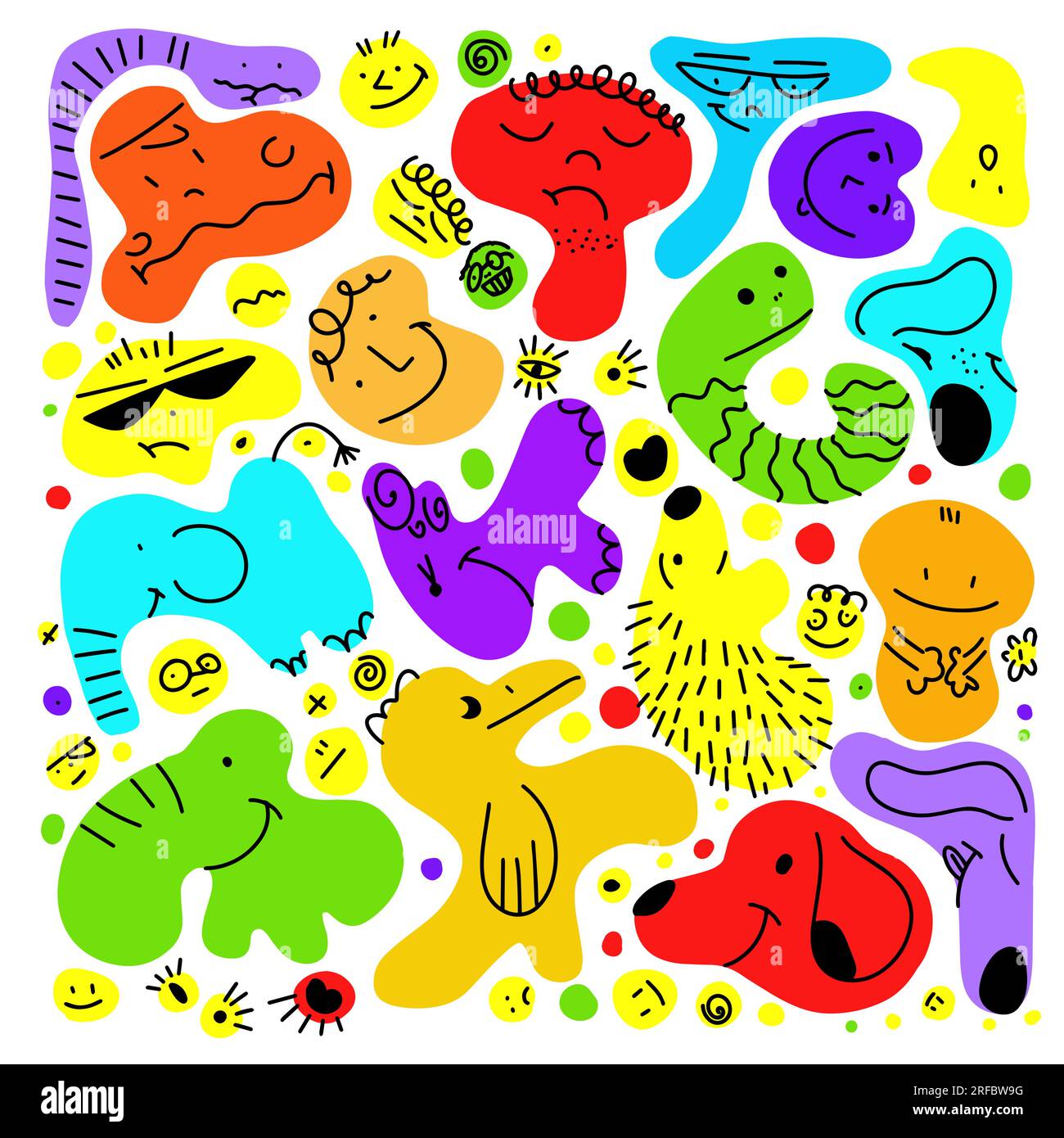 Set di volti e animali in stile piatto alla moda. Illustrazione vettoriale Illustrazione Vettoriale