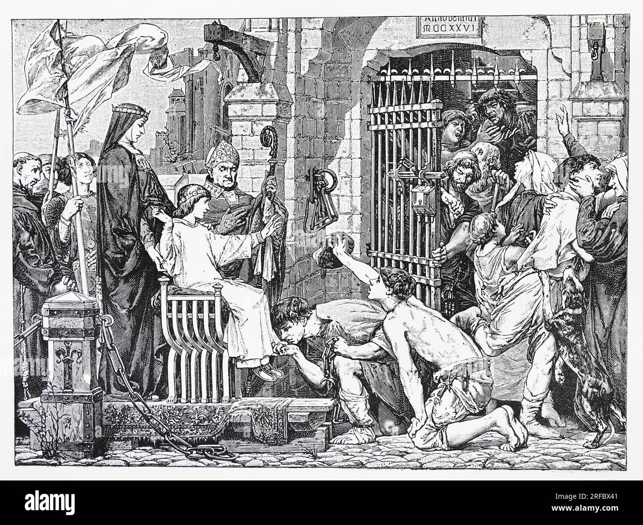 Re Luigi IX di Francia (Saint Louis) alla sua ascesa al trono aprendo le porte delle prigioni di Parigi, da un'immagine My M. Meison. Incisione da Lives of the Saints di Sabin Baring-Gould. Foto Stock