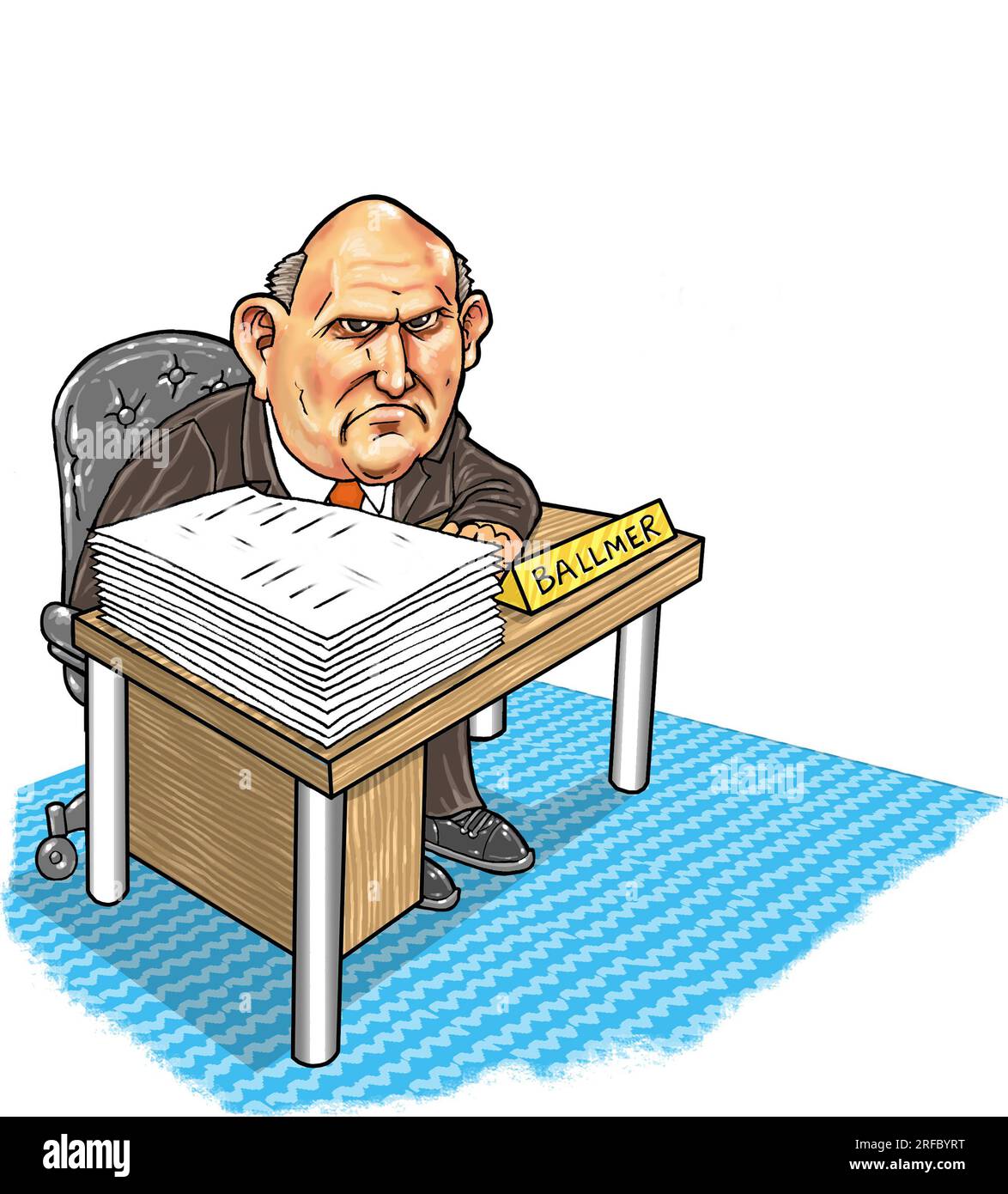 Il cartone animato caricaturale Steven Ballmer, imprenditore e investitore miliardario americano, sedeva alla scrivania, circondato da documenti, sesta persona più ricca del mondo. Foto Stock