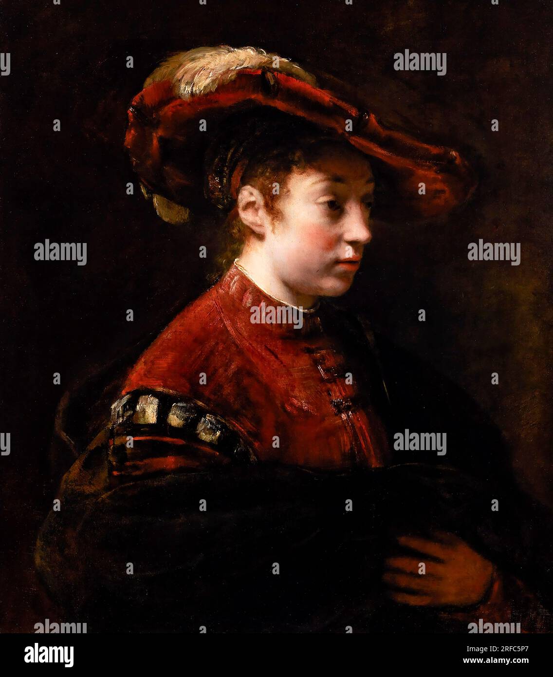 Young Woman in a feathered Hat dell'artista olandese del Golden Age, Willem Drost (1633-1659), olio su tela, c. 1654 Foto Stock