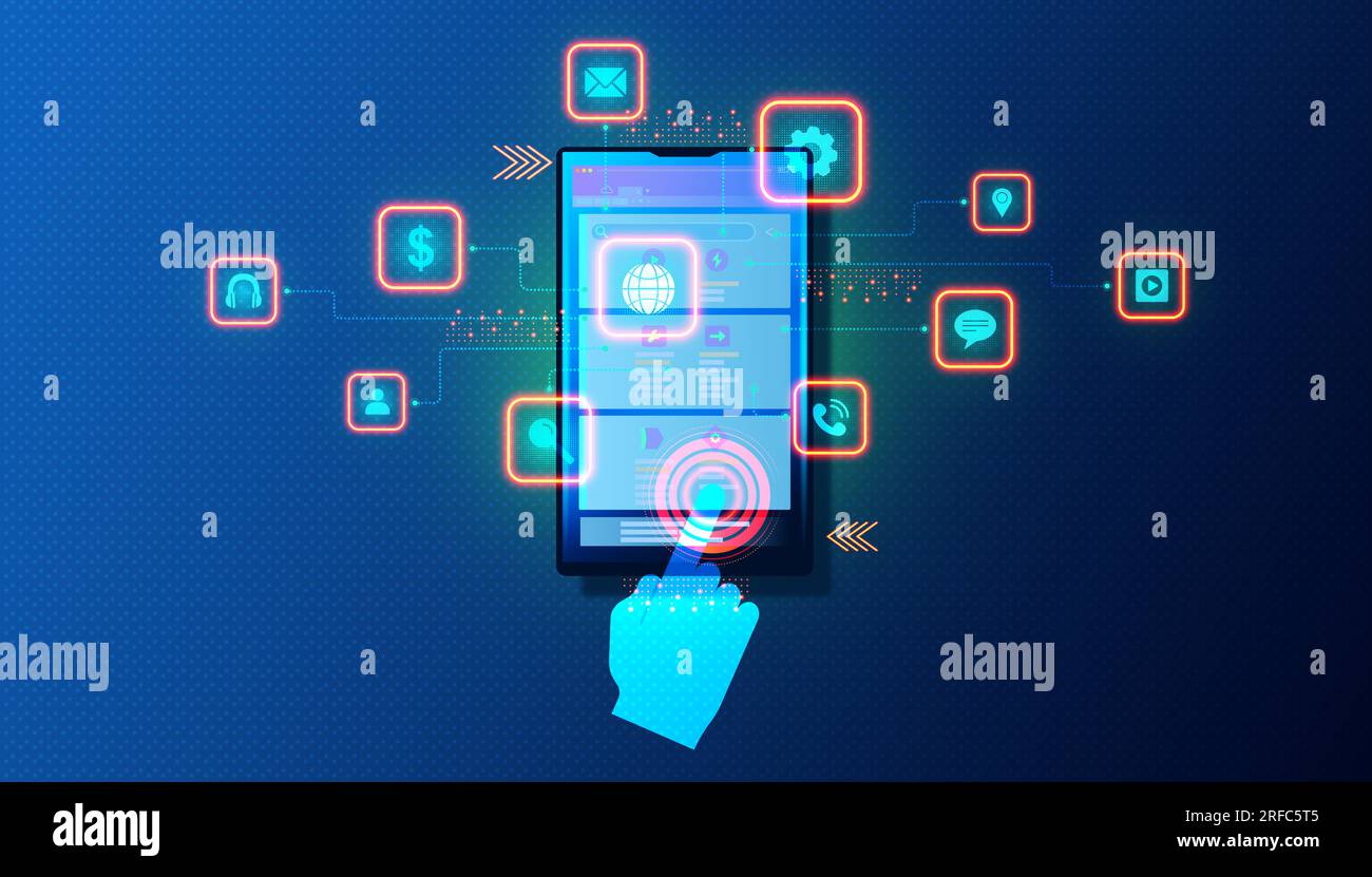 Superapp con Microapps - applicazioni Web o mobili che forniscono più servizi - illustrazione concettuale Foto Stock