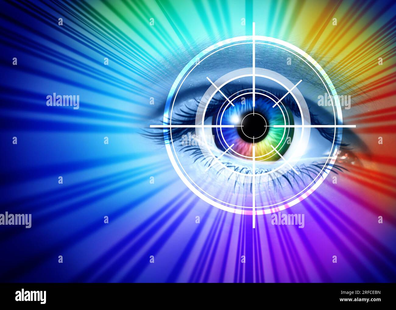 Scansione dell'iride e riconoscimento oculare o scansione retinica come identificazione biometrica per la sicurezza dell'identità identificando i modelli negli occhi umani come authentica Foto Stock
