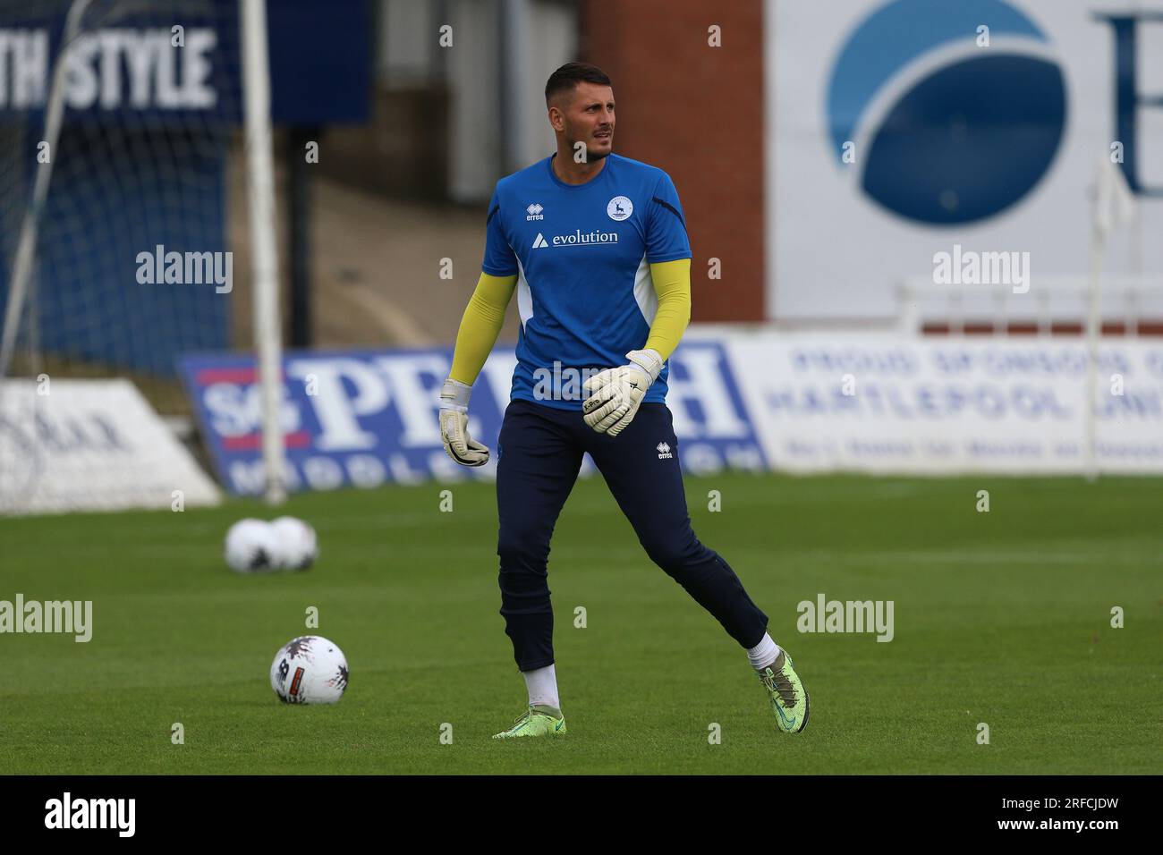 Victoria Park, Hartlepool 1 agosto 2023. Pete JAMESON dell'Hartlepool United si riscalda durante la partita amichevole pre-stagionale tra Hartlepool United e Sunderland al Victoria Park, Hartlepool martedì 1 agosto 2023. (Foto: Mark Fletcher | mi News) crediti: MI News & Sport /Alamy Live News Foto Stock