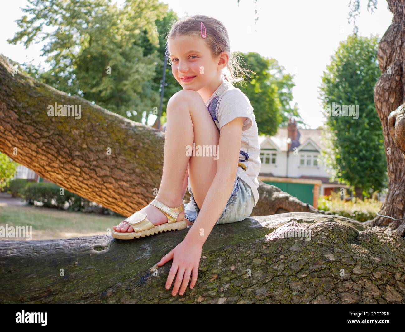 Ritratto di una giovane ragazza felice di otto anni seduta su un ramo d'albero nel parco, Inghilterra, Regno Unito Foto Stock