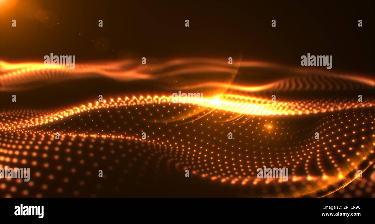 Astratto giallo arancione onde incandescenti da particelle e punti energia magico futuristico hi-tech, sfondo astratto. Foto Stock