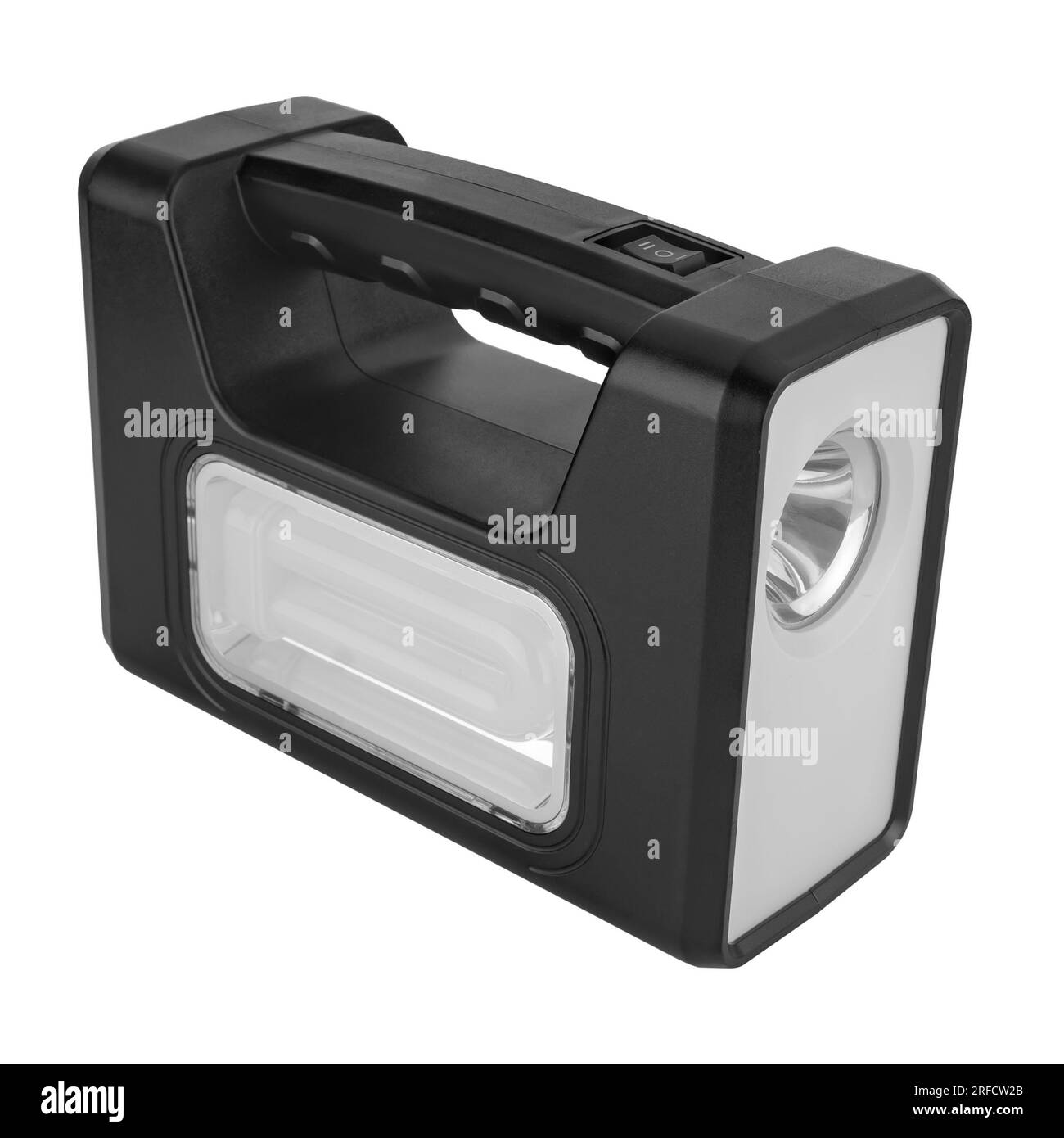 Torcia portatile con batteria, su sfondo bianco in isolamento Foto Stock