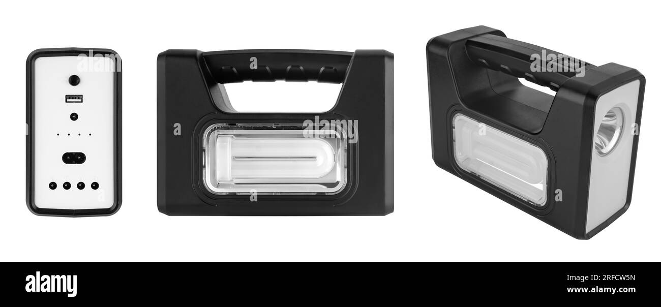 Torcia portatile con batteria, su sfondo bianco in isolamento Foto Stock
